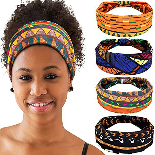4 Pieces African Headbands Knotted Wide Yoga Stretchy Bandeau African Headwrap Hair Accessories for Women and Girls (Vintage Series)