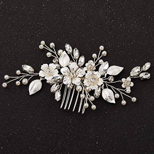 SWEETV Handmade Silver Bridal Hair Comb Clip for Wedding Hair Accessories for Brides,Wedding Hair Pieces for Brides Women