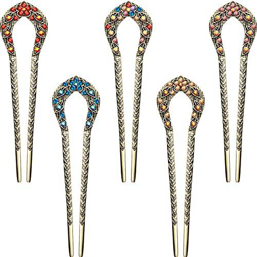 5 Pieces French Hair Pins Vintage Hair Forks Metal U Shaped Chignon Pin Double Prong Hair Stick Crystal Rhinestone Hairpin for Women Girls (Elegant Pattern)