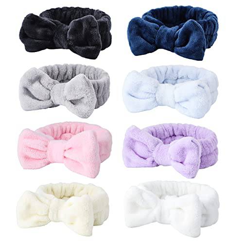 Face Headband 8Pcs Bow Hair Band Cute soft Facial Makeup Head Band for Face Washing Shower Skin Care Fluffy Spa Headband Coral Fleece Head Wraps for Woman Girl 8 Color Slumber Party Supplies for Girls