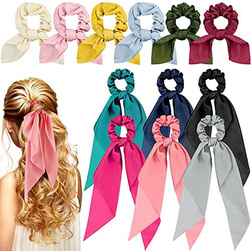 12 Pieces Hair Scarf Scrunchies Hair Bow Scrunchies for Girls Women Hair Scrunchies with Bow Bunny Ear Satin Bowknot Elastic Hair Bands Bow Hair Ties Ponytail Holders (Classic Pattern, Fresh Color)