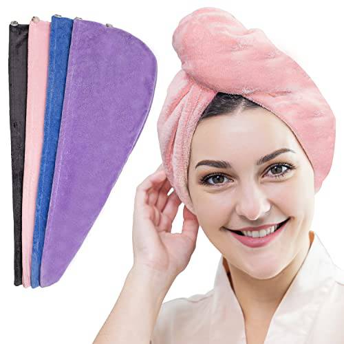 PIPIZ 4 Pack Microfiber Hair Towel Wrap for Women,Super Absorbent Hair Drying Towels, Anti-Frizz Hair Turban Towel for Long Wet Hair