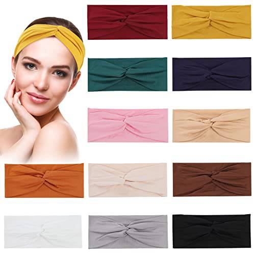 12 Pcs Stretchy Headbands for Women Girls，Comfortable Soft Twist Knotted Headbands for Daily Life Yoga Workout