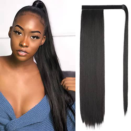 NANNAN Long Straight Ponytail Extensions 24 Inch Black Synthetic Wrap Around Ponytail Heat Resistant Clip in Hairpiece for Women (1B)