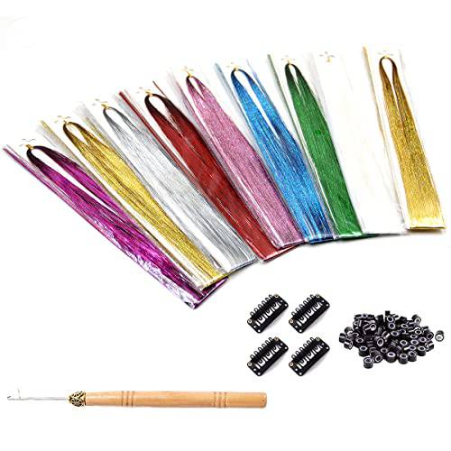 Hair Tinsel Heat Resistant 47 Inches 9 Colors 1800 Strands Tinsel Hair Extensions Kit Fairy Hair With Tools (Hook Needle, Snap Hair Clips, Beads) Hair Silk Tinsel