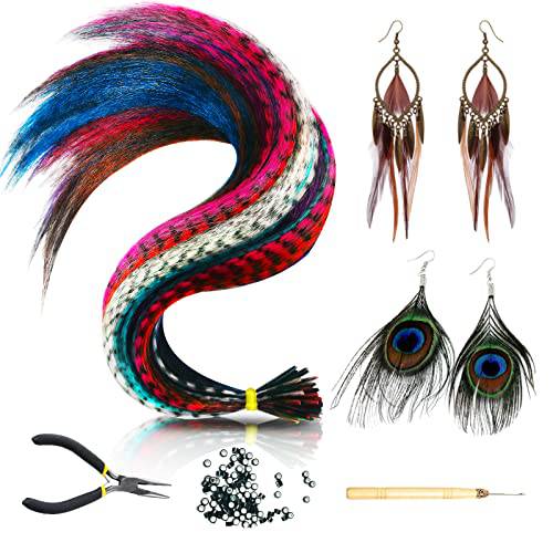 Feather Hair Extensions 16 Inches 50 Strands Colored Hair Extensions with Rooster & Peacock Feather Earrings Hair Feathers Extensions Kit with Simple Tools for Women Girls Christmas Hair Accessories