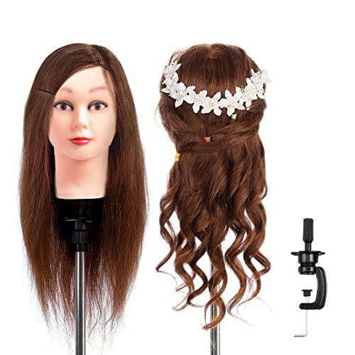 Mannequin Head 100% Human Hair Hairdresser 20-22inches Training Head Manikin Cosmetology Doll Head with Clamp(4)