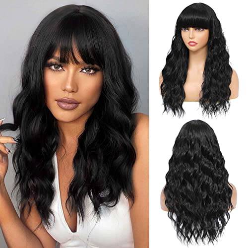 SOKU Black Wavy Wig with Bangs for Women 20 Inches Synthetic Nature Curly Wig for Girls Medium Length Heat Friendly Wave Hair Natural Looking Realistic Bangs Wigs for Women Daily Party Costume