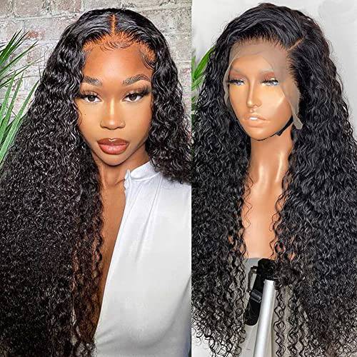 Water Wave HD Transparent Lace Front Wigs Human Hair 13x4 Lace Frontal Wigs Human Hair for Black Women 10A Brazilian Human Hair Glueless Curly Wigs Pre Plucked Wet and Wavy Wigs Natural Color 20 Inch