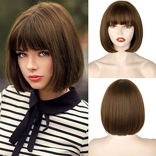 WERD Short Brown Bob Wig with Bangs,Brown Straight Bob Wig for Women,Brown Bob Wig Heat Resistant Fiber for Cospaly Velma