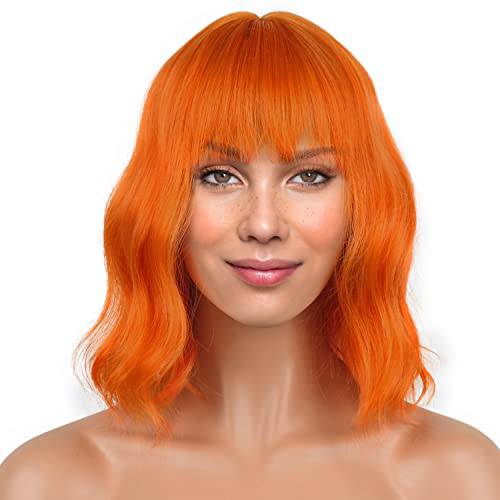 LANICE Short Bob Wigs with Bangs for Women Loose Wavy Hair Shoulder Length Orange Wigs Synthetic Colorful Wigs for Cosplay Daily PartyUse(Orange,12inch)