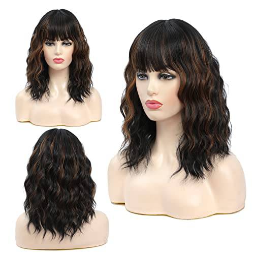 Realways Short Wavy Wigs with Bangs for Women, Premium Dark Brown Wavy Bob Wig with Bangs for Black Women, Lightweight Curly Bob Wigs Black to Brown Highlight Shoulder Length 14 Inch, Soft Synthetic Wigs with Bangs for Daily Using