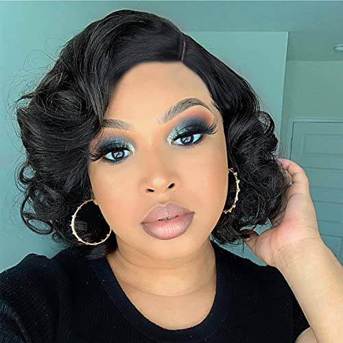 Fancy Hair Short Curly Bob Wig No Lace Curled Bob Wigs for Black Women Big Curly Lady Side Part Wigs Synthetic Body Wave Wig for Women(Black Big Curly 10)