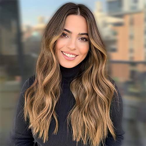 AISI QUEENS Long Wavy Ombre Wig Brown Mixed Blonde Synthetic Middle Part Wigs for Women Heat Resistant Hair Replacement Wigs for Daily Wear 20 Inch