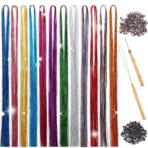 Comely hair Tinsel, 47 Inches Tinsle Kit with Tools 12 Colors 2400 Strands Fairy Tinsel Heat Resistant Sparkling Shiny Extensions Glitter Tinsel Kit for Women Girls (12Colors)