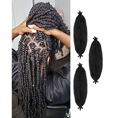 3 Packs Springy Afro Twist Hair with Crochet Hook, 16 Inch Pre-Separated Marley Crochet Braiding Hair for Distressed Soft Locs, Natural Black Synthetic Hair Extension for Black Women(1B)