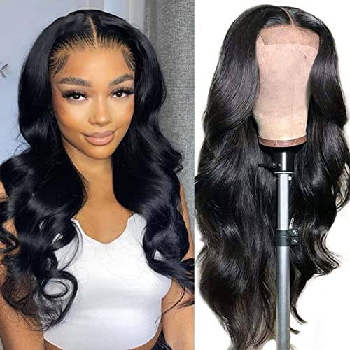 Wigs for Black Women Human Hair Body Wave Glueless 4x4 Closure Wigs Human Hair Pre Plucked, Brazilian Virgin Body Wave Lace Front Wig Bleached Knots, 150 Density Natural Black Human Hair Wigs(16 Inch)