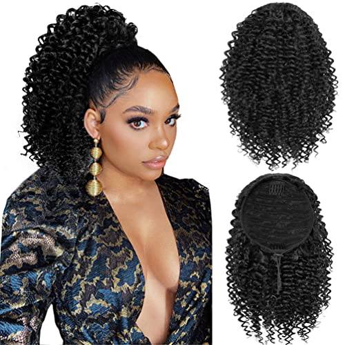 rosmile Short Kinky Curly Ponytail Extension for Black Women, 10 Inch Natural Black Drawstring Curly Ponytail with Two Clips, Synthetic Afro Drawstring Ponytail for Black Women