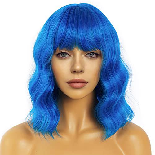 LANCAINI Short Bob Wigs with Bangs for Women Loose Wavy Wig Curly Wavy Shoulder Length Bob Synthetic Cosplay Wig for Girl Colorful Costume Wigs (Blue)