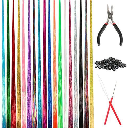 3600 Strands Hair Tinsel Kit with Tools, 18 Colors Heat Resistant Fairy Hair Glitter Tinsel Hair Extensions