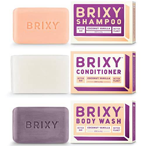BRIXY Shampoo and Conditioner Bar with Body Wash Set for Balance, Hydration & Soft Hair & Skin, All Hair & Skin Types, pH Balance & Safe for Color Treated Hair, Sustainable, Vegan, Plastic Free