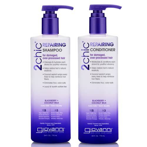 GIOVANNI 2chic Ultra-Repairing Shampoo & Conditioner Set, 24 oz. Each - Blackberry & Coconut Oil for Dry, Damaged Hair, Argan, Jojoba, Shea Butter, Lauryl & Laureth Sulfate Free, Color Safe