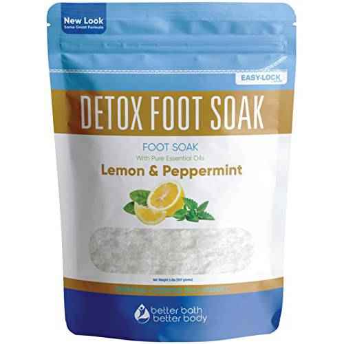 Detox Foot Soak Salts 32 Ounces with Lemon, Peppermint, Lavender Frankincense Essential Oils BPA Free Pouch with Easy Press-Lock Seal Soothe Athletes Foot, Soften Calluses, Relax Tired Feet