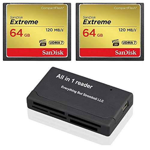 SanDisk Extreme 64GB CompactFlash CF 메모리 카드 (2 Pack) Works with 캐논 EOS 5D Mark IV 디지털 DSLR 카메라 HD UDMA 7 (SDCFXSB-064G-G46) 번들,묶음 with Everything But Stromboli Combo 리더,리더기