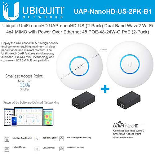 UniFi nanoHD UAP-nanoHD-US (2-Pack) 컴팩트 듀얼밴드 Wave2 Enterprise Wi-Fi 4x4 MIMO 파워 Over 랜포트 48 POE-48-24W-G PoE Included