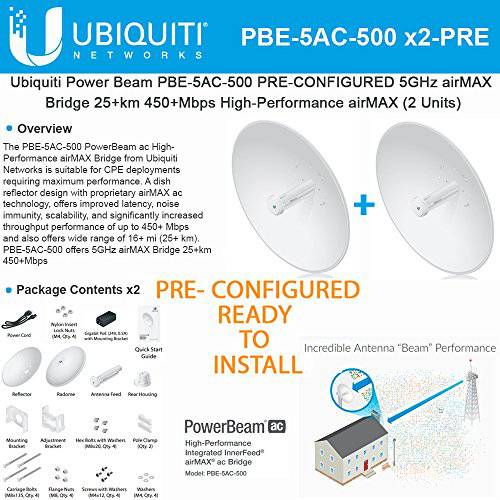Ubiquiti PowerBeam PBE-5AC-500 2Units PRE-CONF 5GHz airMAX 브릿지 25+ km 450+ Mbps