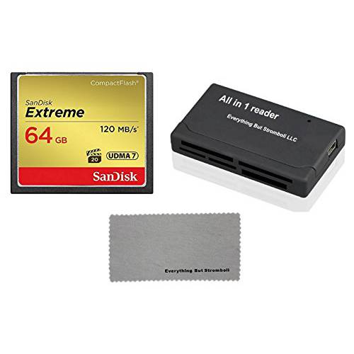 SanDisk Extreme 64GB CompactFlash 메모리 카드 works with 캐논 EOS 7D Mark II 디지털 DSLR 카메라 HD UDMA 7 (SDCFXSB-064G-G46) with Everything But Stromboli 극세사 Cloth and Combo 리더,리더기