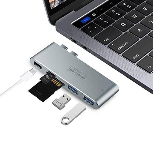 USB C 허브 파워 Delivery, 알루미늄 Type-C 허브 변환기 with 40Gbs 썬더볼트 3, Pass-Through Charging, SD/ 미니 카드 리더,리더기 and 2 USB 3.0 Ports for New 2016 2017 맥북 프로 13” and 15” (Silver)