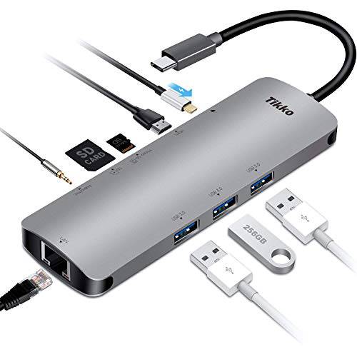 USB C Hub, 9-in-1 USB C 변환기 with Type C Chargin Port, 3.5mm Audio/ 마이크 2in1, 4K HDMI, USB 3.0 SD/ TF, 3 USB 3.0 Ports, 1000M 랜포트 Port, for 맥북 프로 2015/ 2016, Chromebook&  더 USB C 디바이스