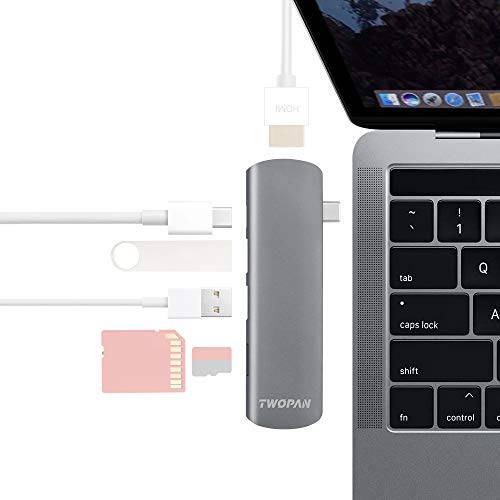 TWOPAN USB C 허브 T6-6, USB-C to USB 3.0/ HDMI Adapter, 알루미늄 6-Port USB-C 디지털 AV 멀티포트 Adapter, 호환가능한 with New 맥북 Air/ 프로 2019/ 2018/ 2017, Chromebook.Travellers’ Choice, 공간 Gray.