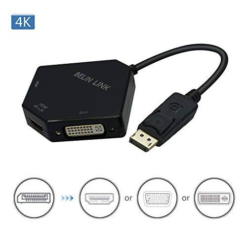 BELIN LINK DP to HDMI VGA DVI 변환기 디스플레이Port,DP to HDMI 4K 변환기 3 인 1 디스플레이 Port to HDMI VGA DVI 컨버터 Male to Female Gold-Plated 다이아몬드 모양 (Black)