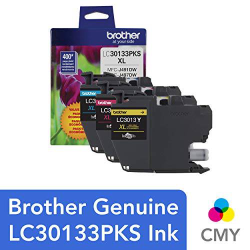 Brother 정품 LC30133PKS 3-Pack 고수율, 고성능, 높은 출력량 컬러 잉크 Cartridges, 페이지 출력,수율 Up to 400 Pages/ Cartridge, Includes Cyan, 마젠타, 자홍색 and Yellow, LC3013