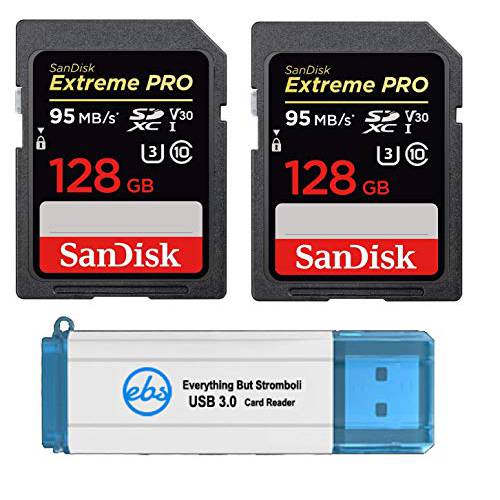SanDisk 128GB SDXC SD Extreme 프로 메모리 카드 (Two Pack) 번들,묶음 Works with Nikon D3500, D7500, D5600 디지털 DSLR 카메라 4K V30 U3 (SDSDXXY-128G-GN4IN) 플러스 1 Everything But Stromboli (TM) 3.0 리더,리더기