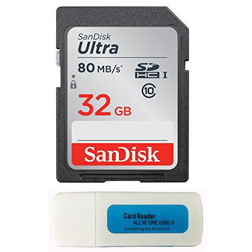 SanDisk 32GB SD 울트라 SDHC 메모리 카드 works with 캐논 Powershot ELPH 180, 190, SX420 IS, SX410, SX610 카메라 UHS-I Class 10 번들,묶음 with Everything But Stromboli 카드 리더,리더기 (SDSDUNR-032G-GN6IN)