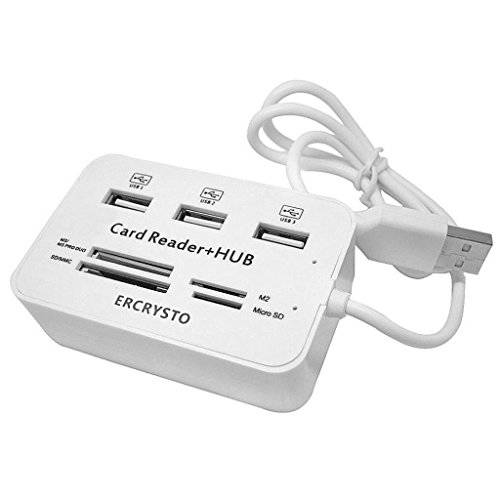 ERCRYSTO 카드 리더,리더기 and 3 Ports USB Hub,  고속 외장 메모리 카드 리더,리더기 (MS, 미니 SD, SD/ MMC, M2, TF 카드), White.