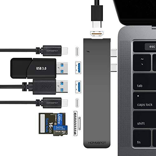 USB C 허브 맥북 프로 HDMI, HomeSpot 알루미늄 USB 허브 for 2018/ 2019 맥북 에어 2016/ 2017/ 2018/ 2019 맥북 프로 13& 15 4K HDMI, USB 3.1, USB-C Data 50Gbs, SD 미니 카드 리더기