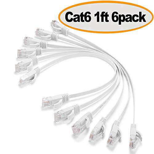 Cat 6 랜선, 랜 케이블 1 ft  플랫 솔리드 Internet 네트워크 케이블 숏 듀러블 컴퓨터 netwokr 코드 - Cat6 고속 RJ45 패치 랜 와이어 for Modem, Router, Switch, Server, ADSL, 1 Feet White, 6 Pack