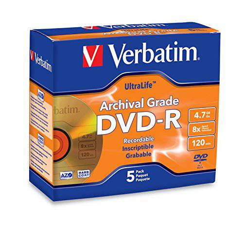 Verbatim DVD-R 4.7GB 8X UltraLife Gold 보관 등급 - Branded 표면&  하드 코트 - 5pk Jewel 케이스 - 96320