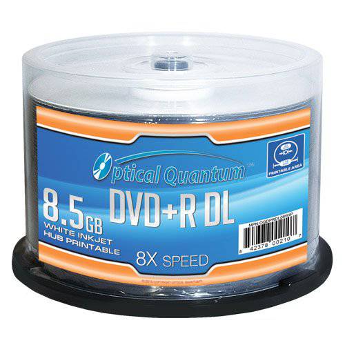 Optical Quantum OQDPRDL08WIP-H 8 X 8.5GB DVD+ R DL White 잉크젯 작성가능 이중 레이어 기록가능 여분 미디어, 50-Disc Spindle