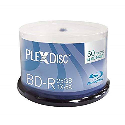 PlexDisc 633-214 25 GB 6X Blu-ray 블루레이 디스크 White 잉크젯 작성가능 싱글 레이어 기록가능 디스크 BD-R 50-Disc Spindle