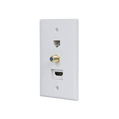Monoprice Recessed HDMI 벽면 Plate, with 1 HDMI F/ F Adapter, 1RJ45 Cat5e 연결기& 1 F Connector, Gold Plated, White