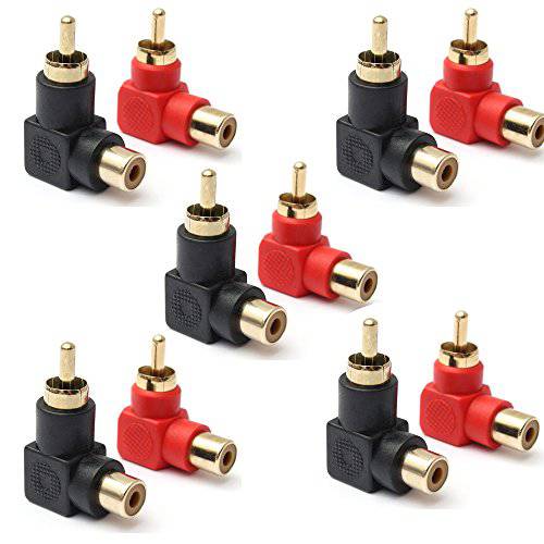 RCA Male to RCA Female 커넥터 직각 Plug 어댑터 M/ F 90 도 Elbow Gold-Plated (5 블랙+ 5 Red) (10-Pack)