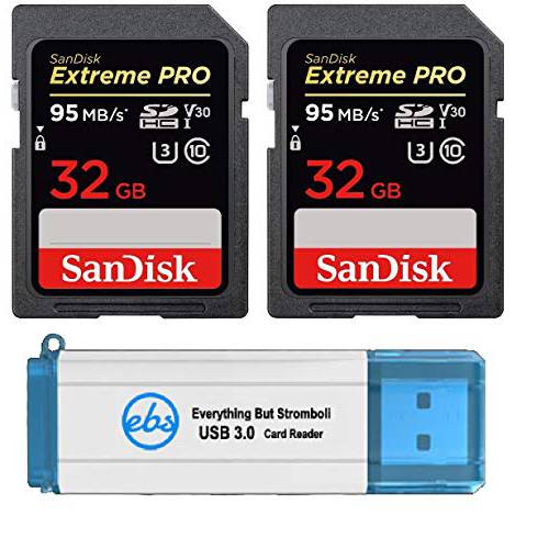 SanDisk 32GB SDHC SD Extreme 프로 메모리 카드 (Two Pack) Works with Nikon D3500, D7500, D5600 디지털 DSLR 카메라 4K V30 U3 (SDSDXXG-032G-GN4IN) 번들,묶음 with (1) Everything But Stromboli 3.0 리더,리더기
