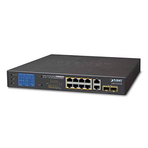 PLANET TECHNOLOGY GSD-1222VHP 8-Port 10/ 100/ 1000T 802.3at PoE+ 2-Port 10/ 100/ 1000T+ 2-Port 1000X SFP 랜포트 Switch with PoE LCD 모니터