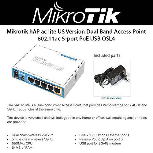 Mikrotik hAP ac lite US Version 듀얼밴드 액세스 Point 802.11ac 5-Port PoE USB OSL4