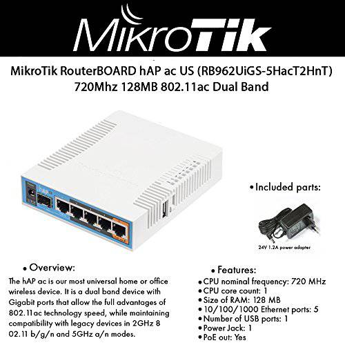 MikroTik hAP AC RouterBoard, 트리플 Chain 액세스 심 802.11ac (RB962UiGS-5HacT2HnT-US)